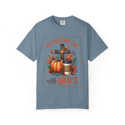 He Fills My Cup With Grace Tee — Christian Fall Pumpkin Cross Coffee Shirt