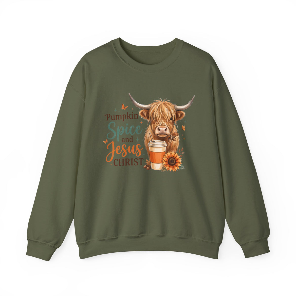 Crewneck Sweatshirt — Pumpkin Spice and Jesus Christ Highland Cow Fall Graphic