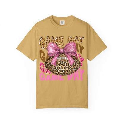 Game Day Leopard Football T-Shirt — Pink Bow Tailgate Tee for Women & Fans