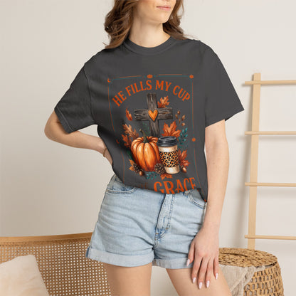 He Fills My Cup With Grace Tee — Christian Fall Pumpkin Cross Coffee Shirt