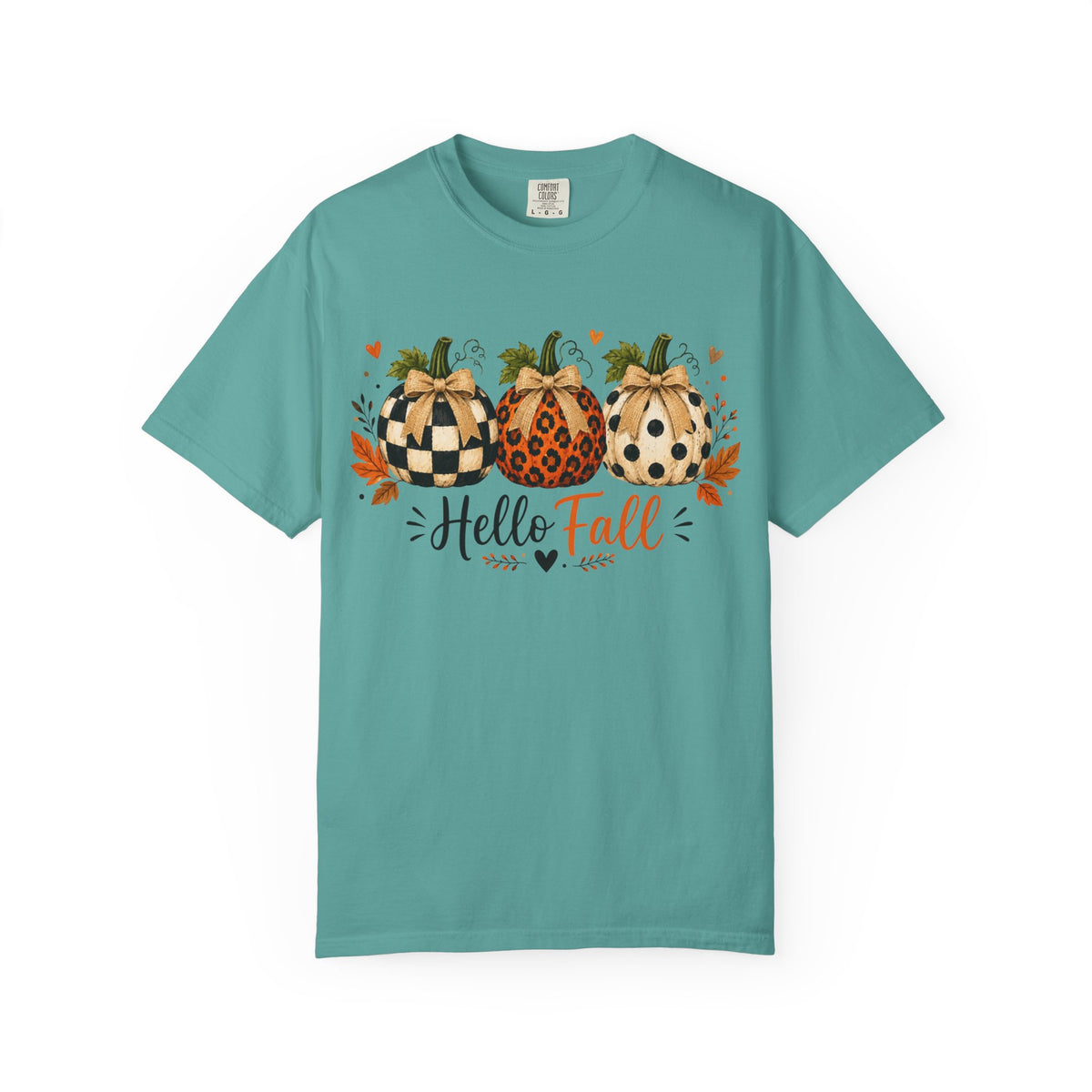Hello Fall Pumpkin T-Shirt — Rustic Buffalo Check & Leopard Pumpkins, Autumn Graphic Tee