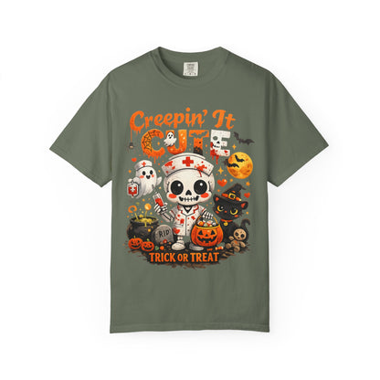 Creepin' It Cute Halloween T-Shirt — Trick or Treat Skeleton & Black Cat Tee