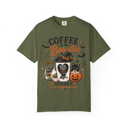 Coffee Is My Boo-stie Halloween Tee — Spooky But Caffeinated Cat & Pumpkin Design