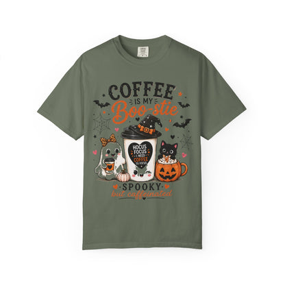 Coffee Is My Boo-stie Halloween Tee — Spooky But Caffeinated Cat & Pumpkin Design
