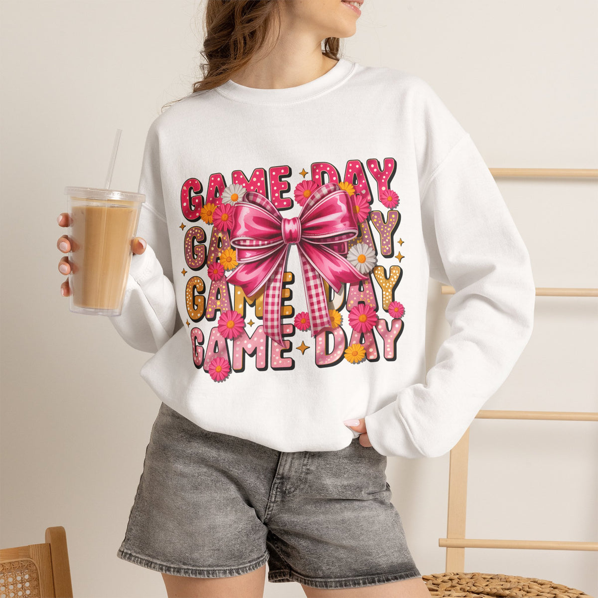 Game Day Bow Sweatshirt — Pink Cheer Graphic Crewneck