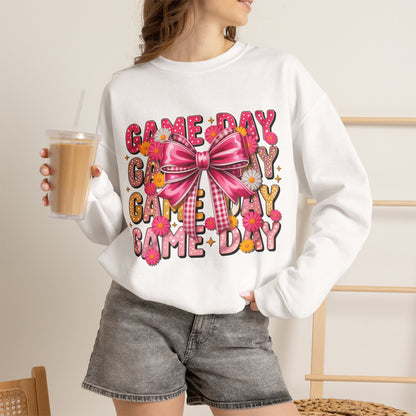 Game Day Bow Sweatshirt — Pink Cheer Graphic Crewneck