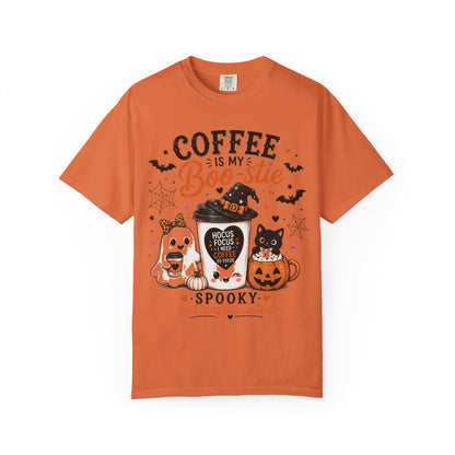 Coffee Is My Boo-stie Halloween Tee — Spooky But Caffeinated Cat & Pumpkin Design