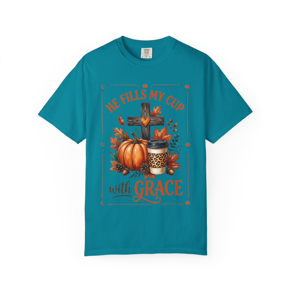 He Fills My Cup With Grace Tee — Christian Fall Pumpkin Cross Coffee Shirt