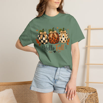 Hello Fall Pumpkin T-Shirt — Rustic Buffalo Check & Leopard Pumpkins, Autumn Graphic Tee