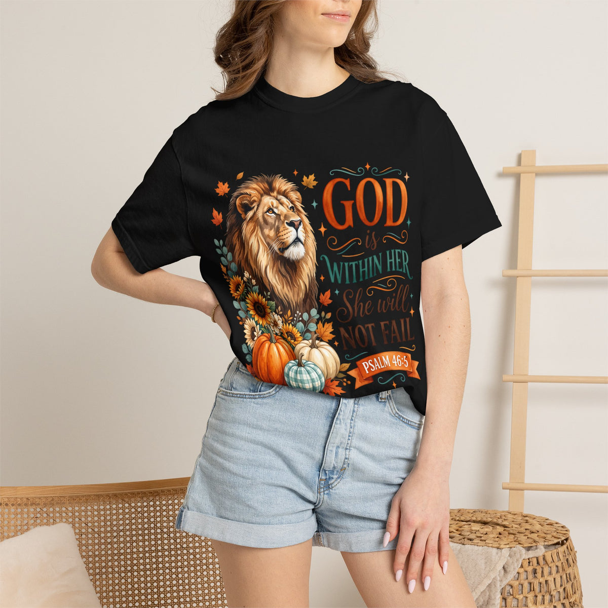 Christian Lion & Fall Pumpkins T-Shirt — "God Is Within Her She Will Not Fail" (Psalm 46:5)