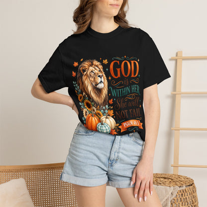 Christian Lion & Fall Pumpkins T-Shirt — "God Is Within Her She Will Not Fail" (Psalm 46:5)