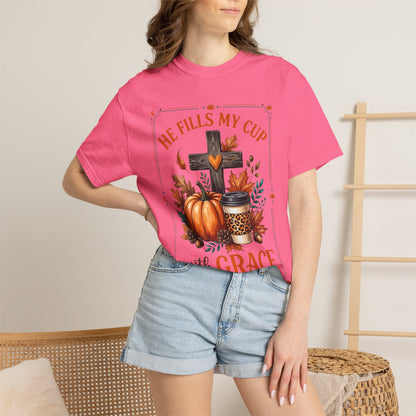 He Fills My Cup With Grace Tee — Christian Fall Pumpkin Cross Coffee Shirt
