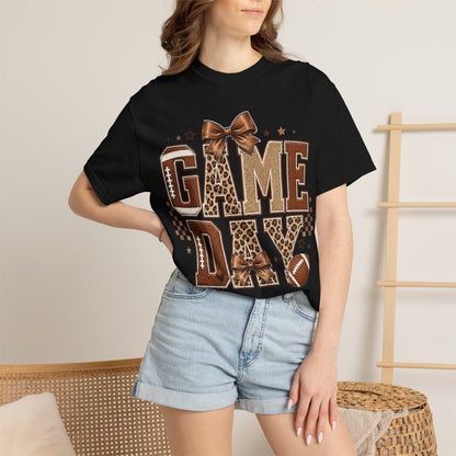 Game Day T-Shirt — Leopard Print Football Tee with Bow