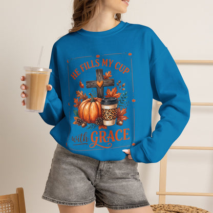 Grace-Filled Autumn Sweatshirt — "He Fills My Cup with Grace" Fall Christian Crewneck