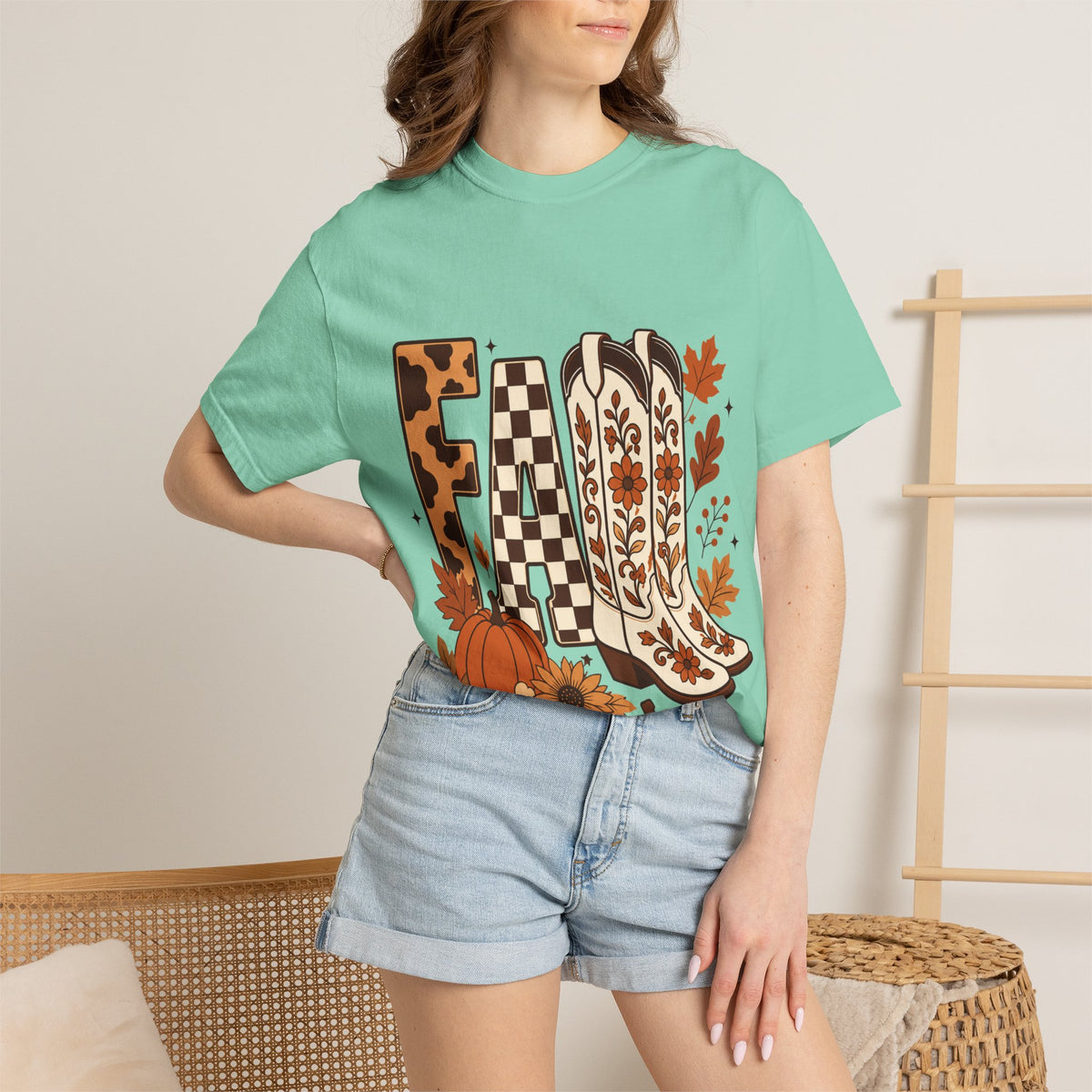 Fall Cowboy Boots T-Shirt — Pumpkin, Leaves & Floral Autumn Graphic Tee