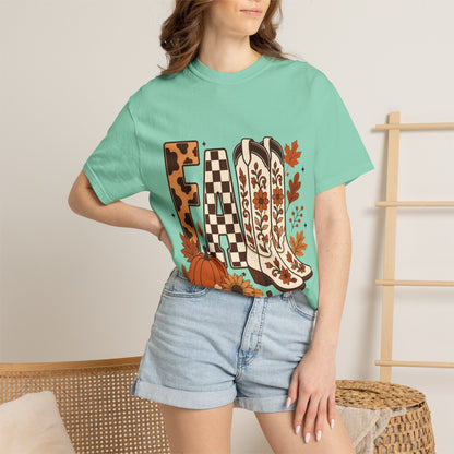 Fall Cowboy Boots T-Shirt — Pumpkin, Leaves & Floral Autumn Graphic Tee
