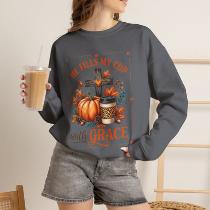 Grace-Filled Autumn Sweatshirt — "He Fills My Cup with Grace" Fall Christian Crewneck