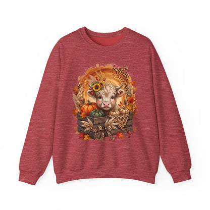 Fall Cow Crewneck Sweatshirt — Autumn Harvest Pumpkins & Sunflower Graphic