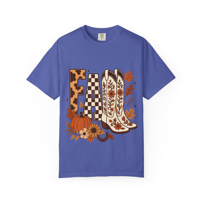 Fall Cowboy Boots T-Shirt — Pumpkin, Leaves & Floral Autumn Graphic Tee