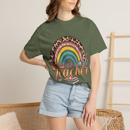 Teacher Rainbow Leopard Graphic T-Shirt — Cute Back-to-School Gift for Educators