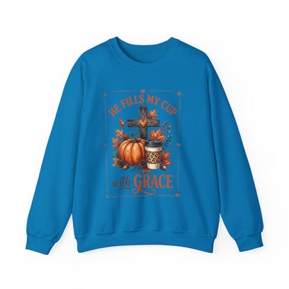 Grace-Filled Autumn Sweatshirt — "He Fills My Cup with Grace" Fall Christian Crewneck