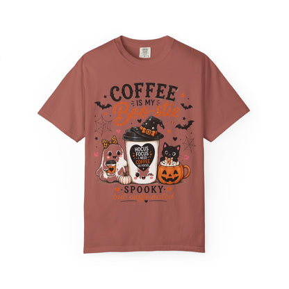 Coffee Is My Boo-stie Halloween Tee — Spooky But Caffeinated Cat & Pumpkin Design