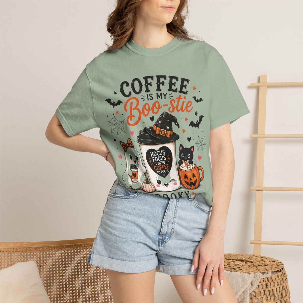 Coffee Is My Boo-stie Halloween Tee — Spooky But Caffeinated Cat & Pumpkin Design
