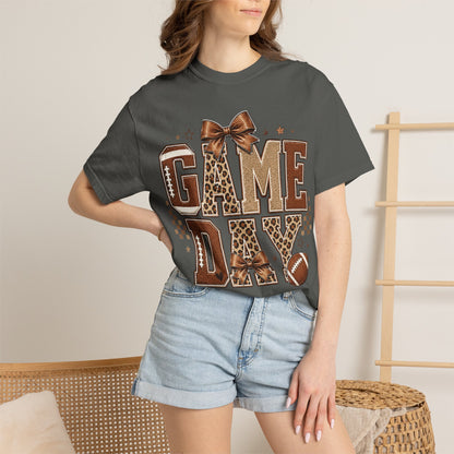 Game Day T-Shirt — Leopard Print Football Tee with Bow