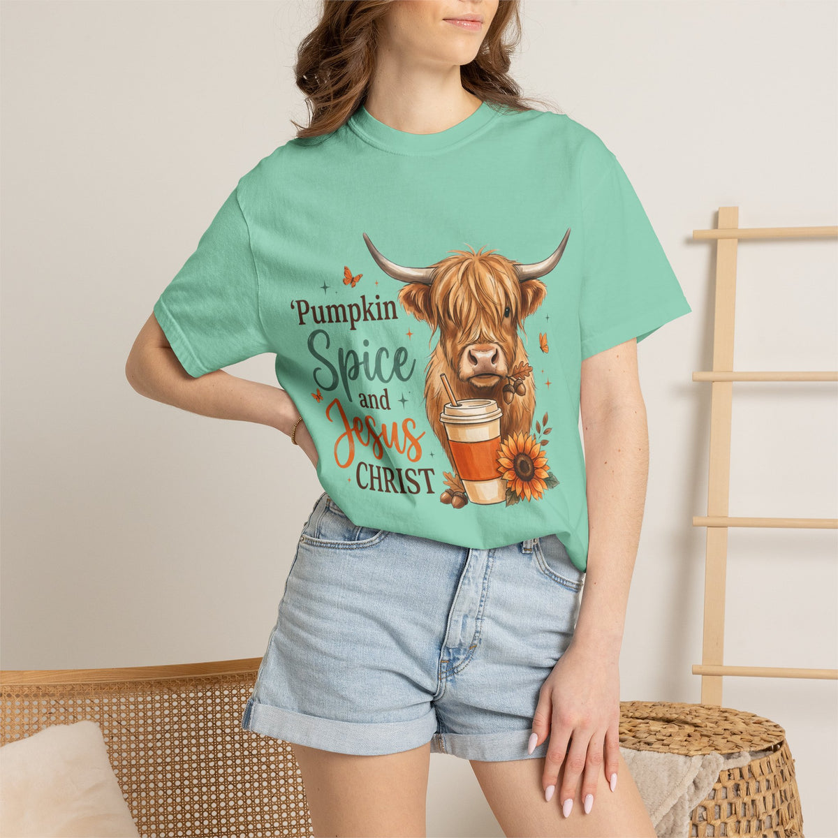 Pumpkin Spice and Jesus T-Shirt — Fall Cow Coffee Graphic Tee