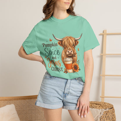 Pumpkin Spice and Jesus T-Shirt — Fall Cow Coffee Graphic Tee