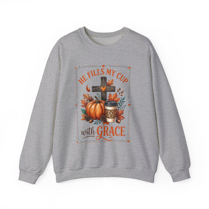 Grace-Filled Autumn Sweatshirt — "He Fills My Cup with Grace" Fall Christian Crewneck