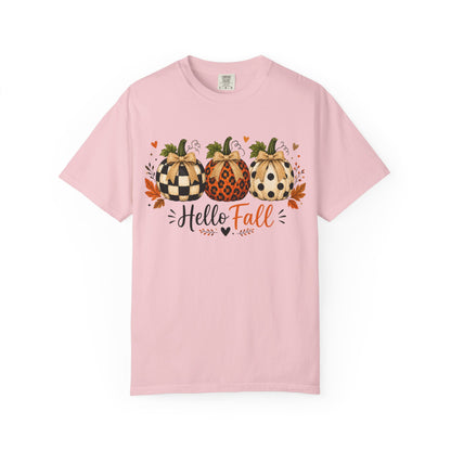 Hello Fall Pumpkin T-Shirt — Rustic Buffalo Check & Leopard Pumpkins, Autumn Graphic Tee