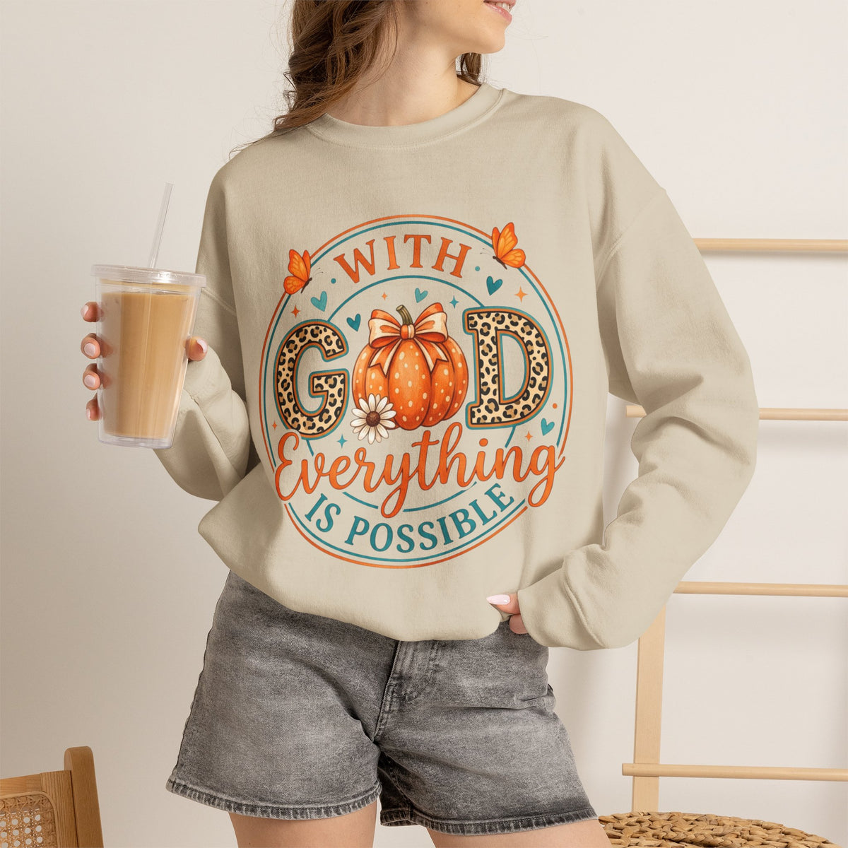 Christian Fall Sweatshirt - "With God Everything Is Possible" Pumpkin Crewneck