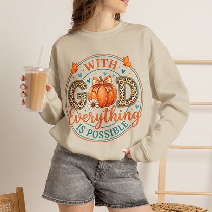 Christian Fall Sweatshirt - "With God Everything Is Possible" Pumpkin Crewneck