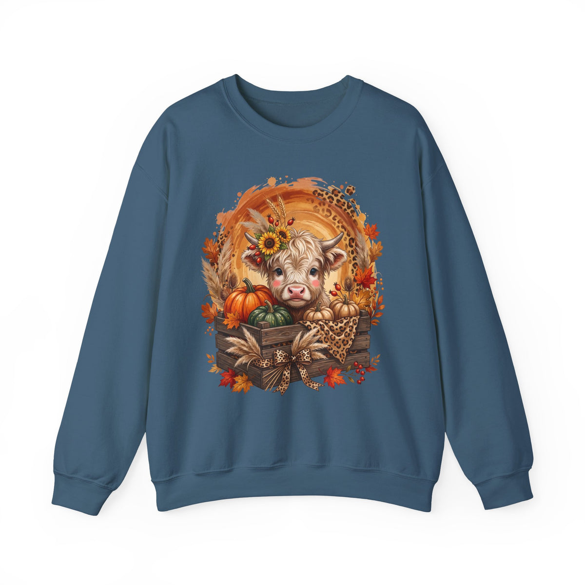 Fall Cow Crewneck Sweatshirt — Autumn Harvest Pumpkins & Sunflower Graphic