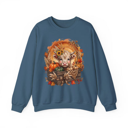 Fall Cow Crewneck Sweatshirt — Autumn Harvest Pumpkins & Sunflower Graphic