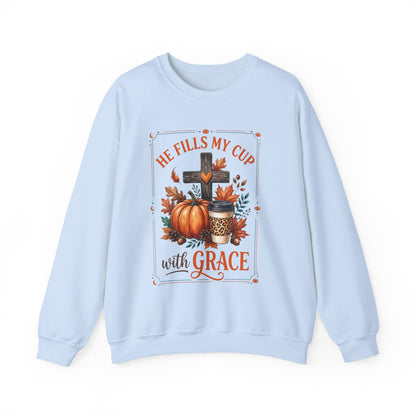 Grace-Filled Autumn Sweatshirt — "He Fills My Cup with Grace" Fall Christian Crewneck