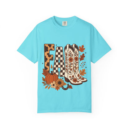 Fall Cowboy Boots T-Shirt — Pumpkin, Leaves & Floral Autumn Graphic Tee