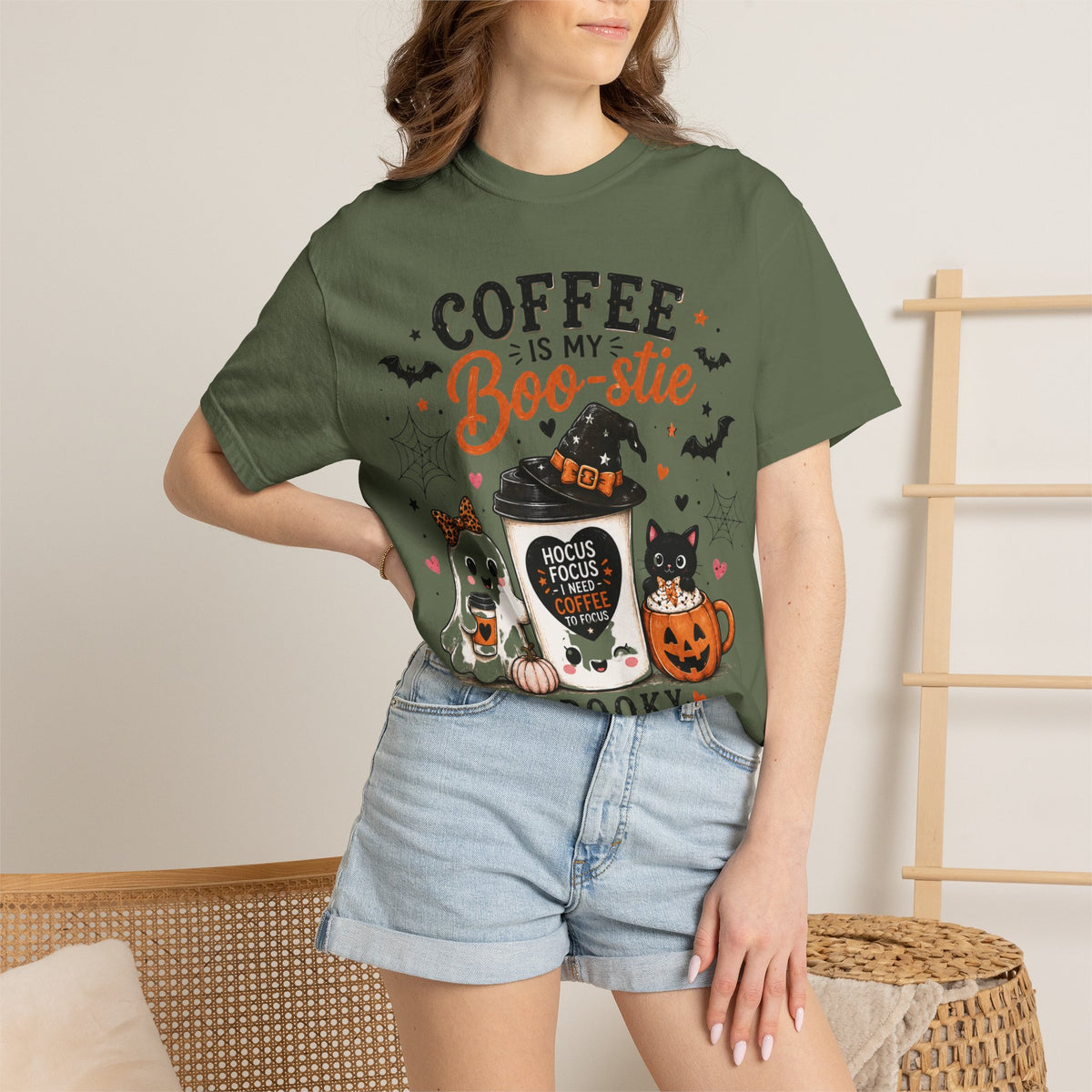 Coffee Is My Boo-stie Halloween Tee — Spooky But Caffeinated Cat & Pumpkin Design
