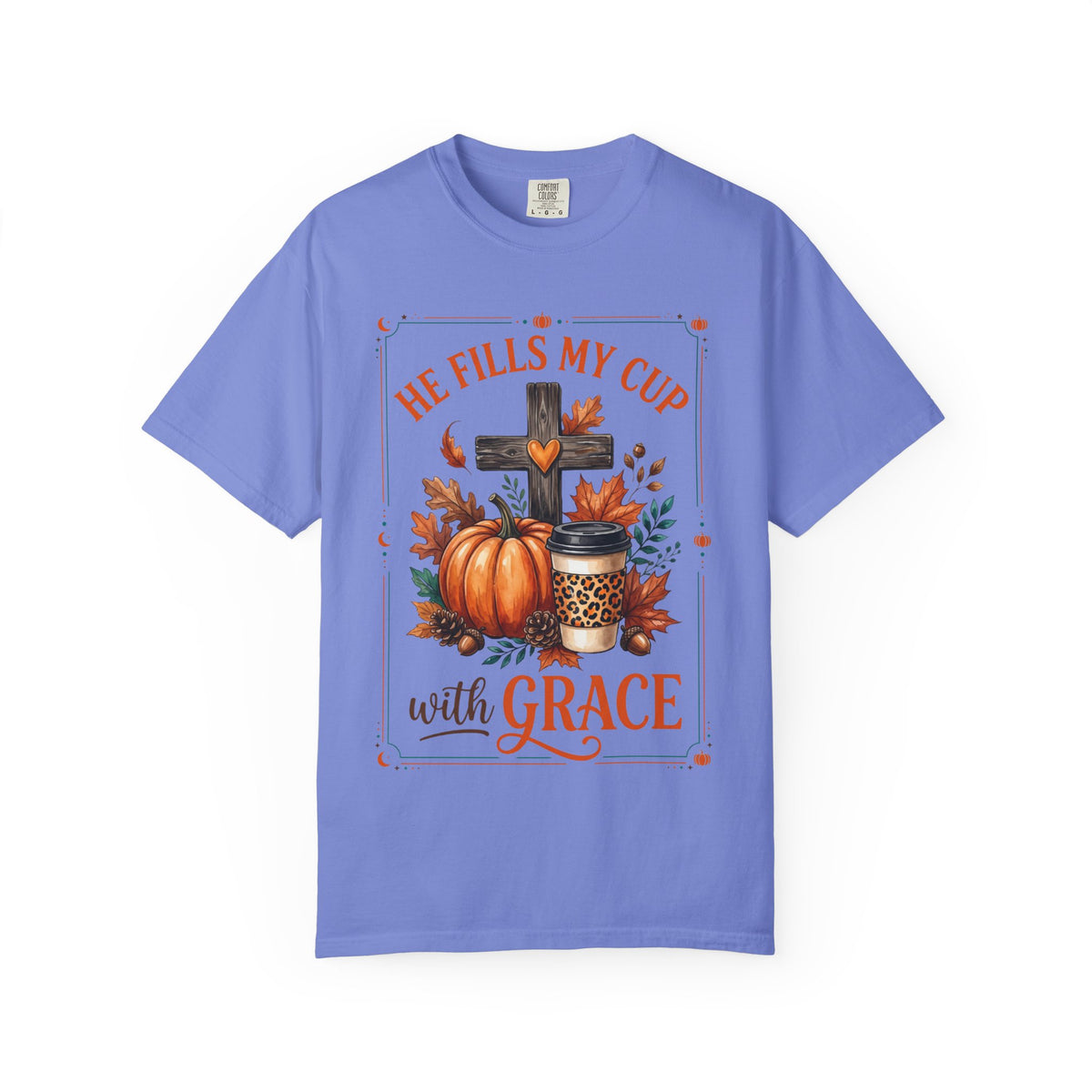 He Fills My Cup With Grace Tee — Christian Fall Pumpkin Cross Coffee Shirt