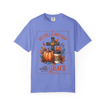 He Fills My Cup With Grace Tee — Christian Fall Pumpkin Cross Coffee Shirt