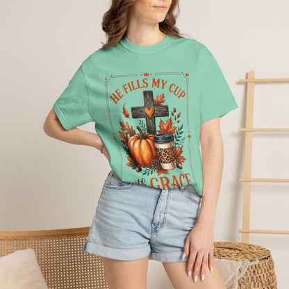 He Fills My Cup With Grace Tee — Christian Fall Pumpkin Cross Coffee Shirt