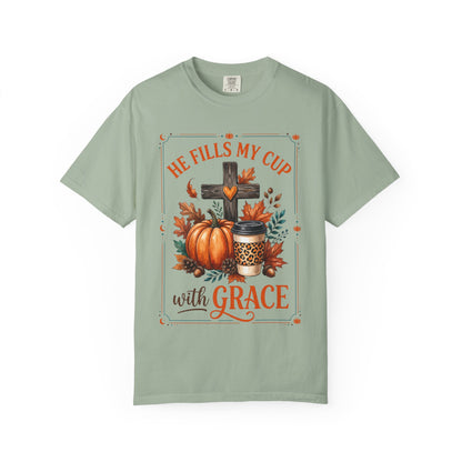 He Fills My Cup With Grace Tee — Christian Fall Pumpkin Cross Coffee Shirt