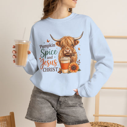 Crewneck Sweatshirt — Pumpkin Spice and Jesus Christ Highland Cow Fall Graphic
