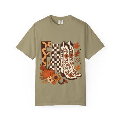 Fall Cowboy Boots T-Shirt — Pumpkin, Leaves & Floral Autumn Graphic Tee