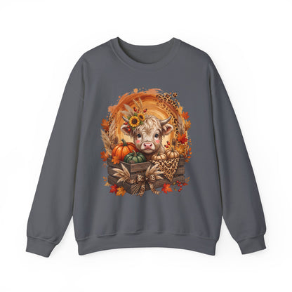 Fall Cow Crewneck Sweatshirt — Autumn Harvest Pumpkins & Sunflower Graphic