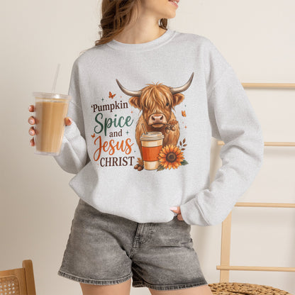 Crewneck Sweatshirt — Pumpkin Spice and Jesus Christ Highland Cow Fall Graphic
