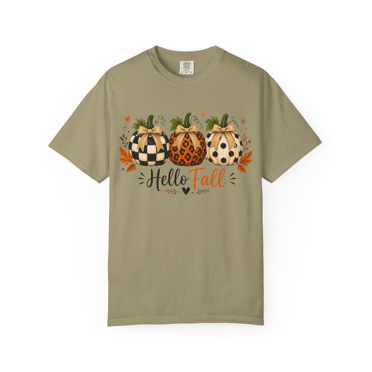Hello Fall Pumpkin T-Shirt — Rustic Buffalo Check & Leopard Pumpkins, Autumn Graphic Tee