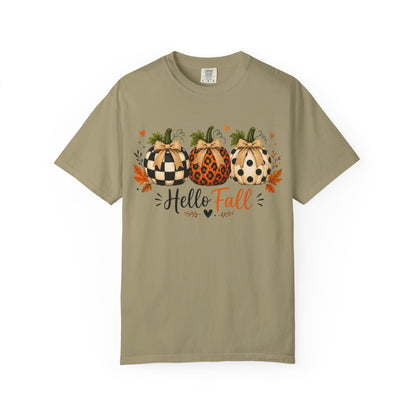 Hello Fall Pumpkin T-Shirt — Rustic Buffalo Check & Leopard Pumpkins, Autumn Graphic Tee