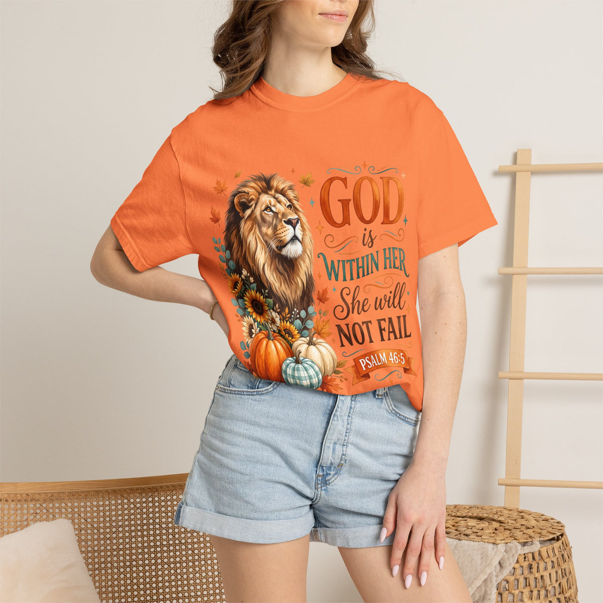 Christian Lion & Fall Pumpkins T-Shirt — "God Is Within Her She Will Not Fail" (Psalm 46:5)